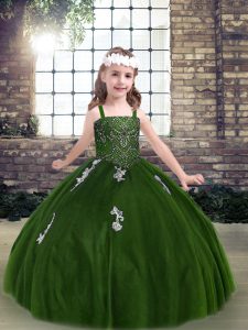 Straps Sleeveless Winning Pageant Gowns Floor Length Appliques Green Tulle