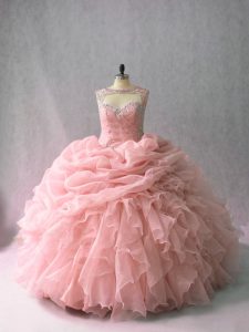Organza Scoop Sleeveless Brush Train Lace Up Beading and Ruffles and Pick Ups 15th Birthday Dress in Pink
