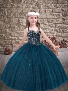 Customized Teal Tulle Lace Up Kids Pageant Dress Sleeveless Sweep Train Beading