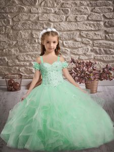 Dazzling Apple Green Little Girl Pageant Gowns Wedding Party with Appliques and Ruffles Straps Sleeveless Sweep Train La