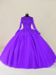 Elegant Scalloped Long Sleeves Zipper Quinceanera Dresses Purple Tulle