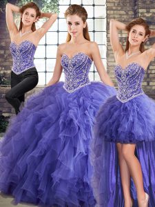 New Arrival Lavender Three Pieces Sweetheart Sleeveless Tulle Floor Length Lace Up Beading and Ruffles Quinceanera Dress