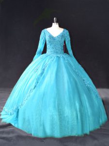 Aqua Blue Lace Up V-neck Lace and Appliques Quinceanera Gowns Tulle Long Sleeves