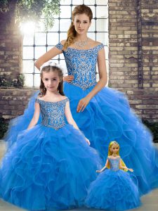 Blue Sleeveless Beading and Ruffles Lace Up Quinceanera Dress