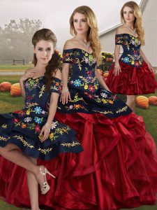 Floor Length Red And Black Quinceanera Dress Organza Sleeveless Embroidery and Ruffles