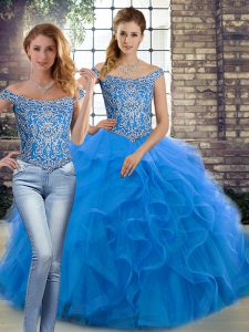 Blue Tulle Lace Up Off The Shoulder Sleeveless 15 Quinceanera Dress Brush Train Beading and Ruffles