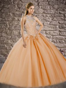 Sleeveless Sweep Train Beading and Appliques Lace Up Sweet 16 Dresses