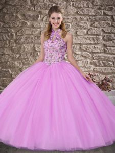 Lilac Ball Gowns Halter Top Sleeveless Tulle Brush Train Lace Up Embroidery Vestidos de Quinceanera
