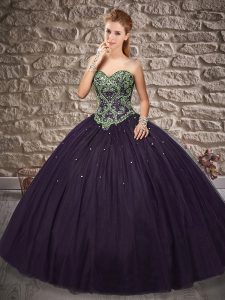 High End Beading Quinceanera Gowns Purple Lace Up Sleeveless Brush Train