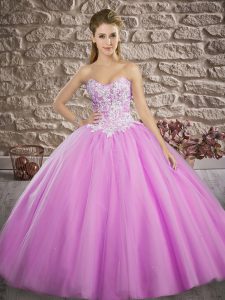 Lilac Lace Up Ball Gown Prom Dress Appliques Sleeveless Brush Train