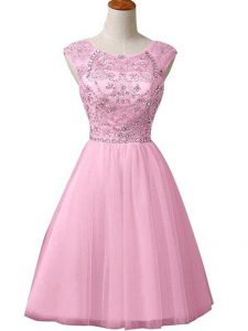 Superior Baby Pink A-line Scoop Sleeveless Tulle Mini Length Zipper Beading Evening Dress