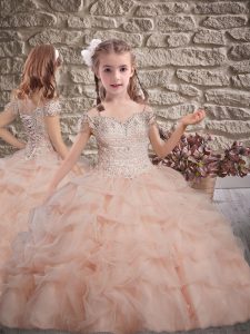 Eye-catching Peach Ball Gowns Tulle Off The Shoulder Sleeveless Beading and Lace and Pick Ups Lace Up Pageant Gowns For 