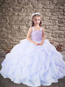 Elegant Lavender Lace Up Straps Beading and Ruffles Girls Pageant Dresses Organza Sleeveless
