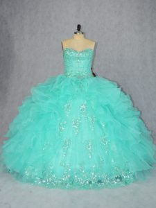 Exquisite Sleeveless Floor Length Beading and Appliques Lace Up 15 Quinceanera Dress with Aqua Blue