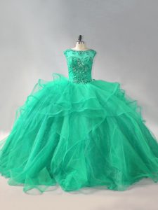 Custom Designed Turquoise Lace Up Ball Gown Prom Dress Beading and Ruffles Sleeveless