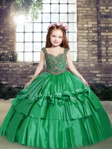 Floor Length Lace Up Little Girls Pageant Dress Green for Party and Sweet 16 and Wedding Party with Beading
