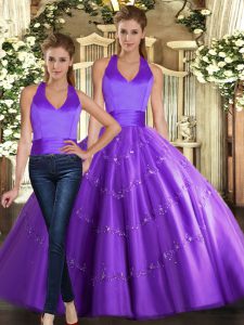 Admirable Purple Ball Gowns Tulle Halter Top Sleeveless Beading Floor Length Lace Up Quince Ball Gowns