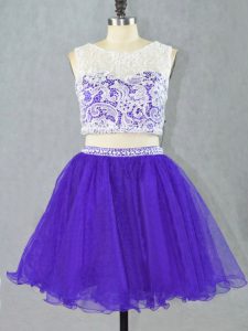 Best Selling Sleeveless Organza Mini Length Zipper Prom Dresses in Purple with Lace and Appliques
