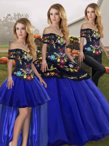 Royal Blue Three Pieces Tulle Off The Shoulder Sleeveless Embroidery Floor Length Lace Up Sweet 16 Quinceanera Dress