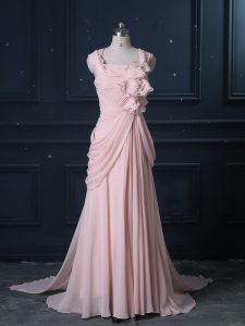 Luxury Pink Column/Sheath Straps Sleeveless Chiffon Brush Train Zipper Ruching Party Dress Wholesale