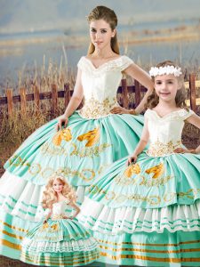 Dynamic Apple Green Quinceanera Dresses Sweet 16 and Quinceanera with Embroidery and Ruffled Layers V-neck Sleeveless La