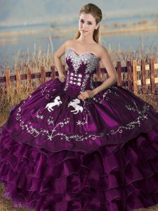 Sleeveless Satin and Organza Floor Length Lace Up Quince Ball Gowns in Purple with Embroidery and Ruffles