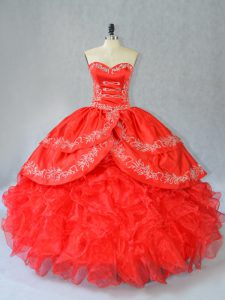 Glittering Red Ball Gowns Embroidery and Ruffles Ball Gown Prom Dress Side Zipper Organza Sleeveless Floor Length
