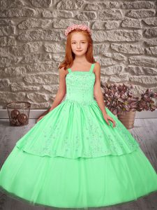 Straps Sleeveless Satin and Tulle Little Girls Pageant Gowns Embroidery Sweep Train Lace Up
