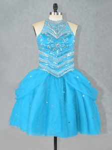 Aqua Blue Halter Top Neckline Beading Dress for Prom Sleeveless Lace Up