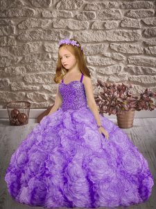 Affordable Lavender Sleeveless Fabric With Rolling Flowers Sweep Train Lace Up Kids Pageant Dress for Wedding Party