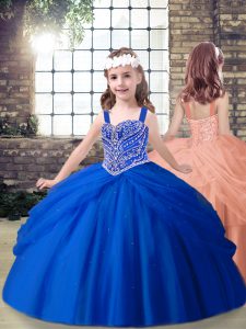 Royal Blue Lace Up Straps Beading Pageant Gowns For Girls Tulle Sleeveless