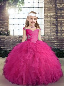 Super Straps Sleeveless Pageant Gowns For Girls Floor Length Beading and Ruffles Fuchsia Tulle