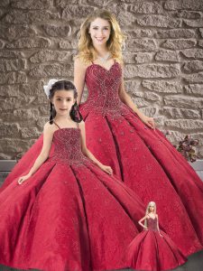 Wine Red Lace Lace Up Spaghetti Straps Sleeveless Floor Length Quince Ball Gowns Beading