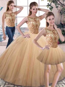 Tulle Scoop Sleeveless Lace Up Beading Quinceanera Gowns in Gold