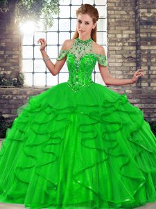 Popular Green Ball Gowns Beading and Ruffles Vestidos de Quinceanera Lace Up Tulle Sleeveless Floor Length