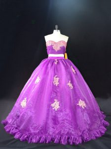 High End Purple 15th Birthday Dress Organza Brush Train Sleeveless Appliques