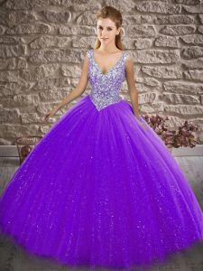 Sleeveless Floor Length Beading Zipper Quinceanera Gowns with Purple