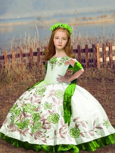 White Satin Lace Up Off The Shoulder Sleeveless Floor Length Kids Pageant Dress Embroidery