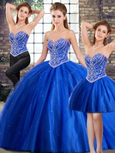Amazing Blue Sleeveless Brush Train Beading 15th Birthday Dress