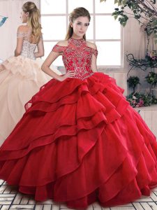Beading and Ruffled Layers Quinceanera Gowns Red Lace Up Sleeveless Floor Length