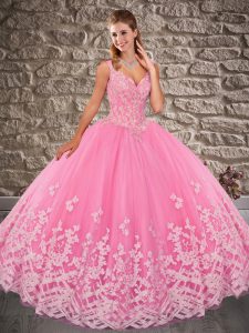 Attractive V-neck Sleeveless Sweet 16 Dress Brush Train Appliques Rose Pink Tulle