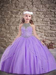 Elegant Sleeveless Beading Lace Up Girls Pageant Dresses with Lavender Sweep Train