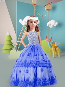 Blue Sleeveless Floor Length Beading and Hand Made Flower Zipper Little Girl Pageant Dress