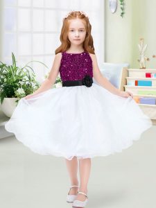 Affordable Sleeveless Knee Length Sequins and Hand Made Flower Zipper Flower Girl Dress with White