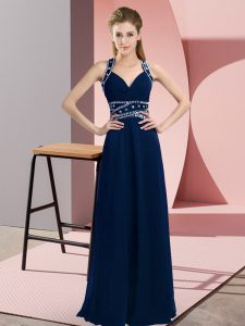Traditional Straps Sleeveless Prom Evening Gown Floor Length Beading Navy Blue Chiffon
