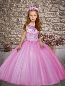 Rose Pink Sleeveless Tulle Lace Up Little Girl Pageant Gowns for Wedding Party