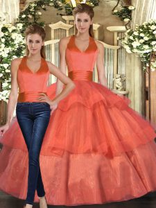 Orange Quinceanera Gown Sweet 16 and Quinceanera with Ruffled Layers Halter Top Sleeveless Lace Up