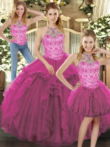 Trendy Fuchsia Three Pieces Beading and Ruffles Ball Gown Prom Dress Lace Up Tulle Sleeveless Floor Length