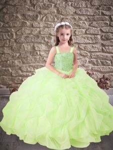 Perfect Yellow Green Sleeveless Floor Length Beading and Ruffles Lace Up Pageant Gowns For Girls