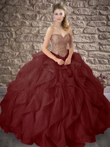 Burgundy Ball Gowns Sweetheart Sleeveless Organza Floor Length Lace Up Beading and Ruffles Quinceanera Gown